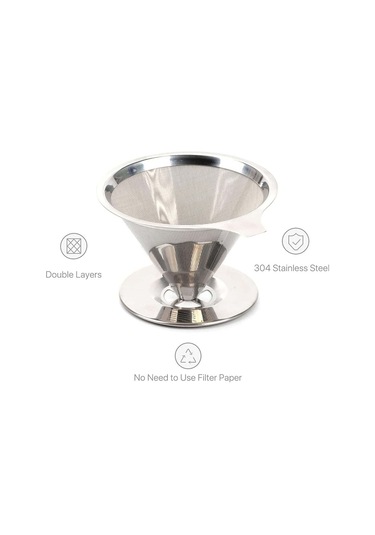 Fosenze Çift Elekli Paslanmaz Çelik Filtre Kahve Funnelı - Yeniden Kullanılabilir, Taşınabilir, Zengin Aroma, Hızlı Hazırlama 2-4 Bardak Gümüş