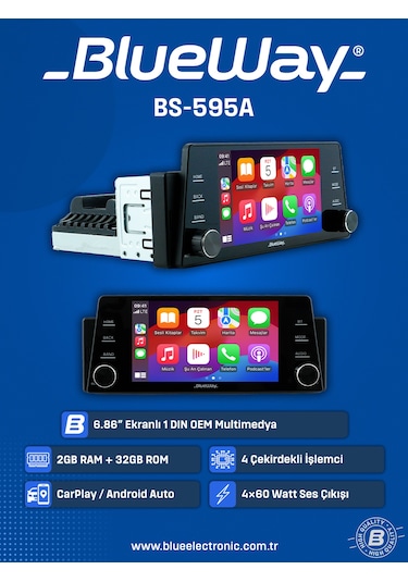 Blueway Bw-595a-6.86'' Android 2/32gb-4çekirdek-wifi-kablosuz Carplay-hd Kamera