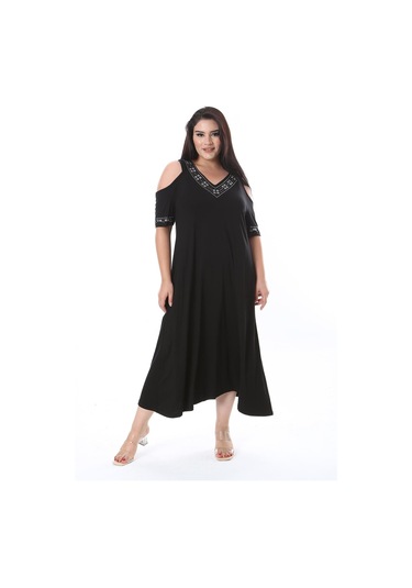 Kadın Büyük Beden Siyah Taş Detaylı Omuz Dekolteli Elbise 65n38315-siyah Siyah