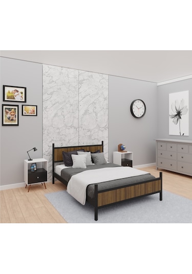 Gm 305 Modern Çift Kişilik Ahşap Metal Siyah Ceviz Karyola 150x200