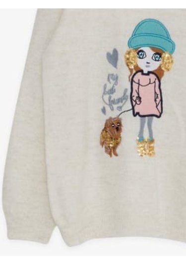 Kız Çocuk Pul Süslemeli Triko Bisiklet Kazak-15193 Krem