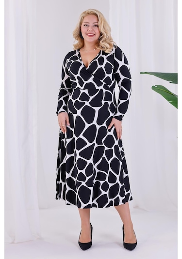 Kadın Siyah Beyaz Taş Desen Kruvaze Yaka Büyük Beden Esnek Maxi Elbise Siyah