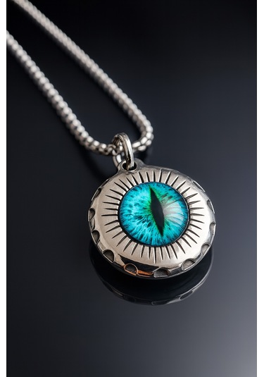 Arka Yüzünde Kuru Kafa Sembollü Mavi Ejder Gözü Paslanmaz Çelik Kolye Mavi