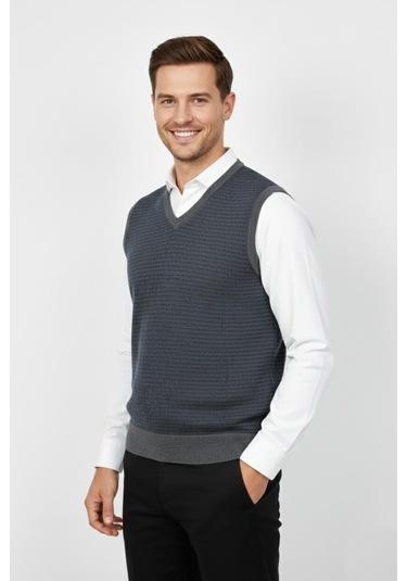 Erkek V Yaka Süveter Çelik Örgü Regular Kalıp Bgl-st04840 Koyu Gri