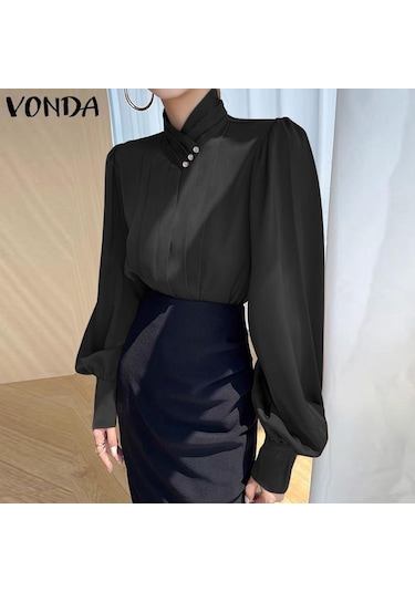 Vonda Kadın Zarif İnci Yakalı Düz Renk Çizgili Uzun Kollu Pileli Bluzlar Beyaz