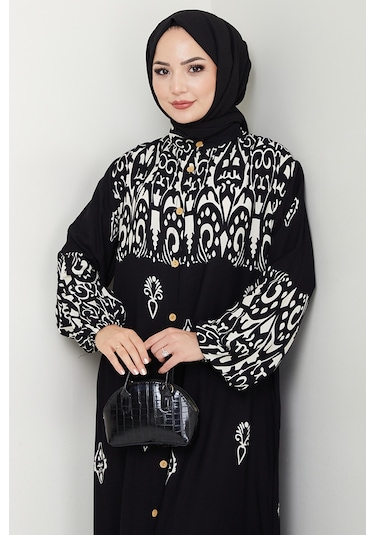 Çilay Düğmeli Dokuma Viskon Elbise 1561 - Siyah Siyah