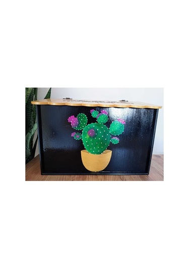 El Boyaması Kaktüs Desenli Altın Kapaklı Ekmek Kutusu Altın - Siyah