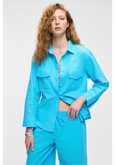 RIGO Kadın Gömlek Yaka Uzun Kol Regular Uzun İnce Mavi Gömlek