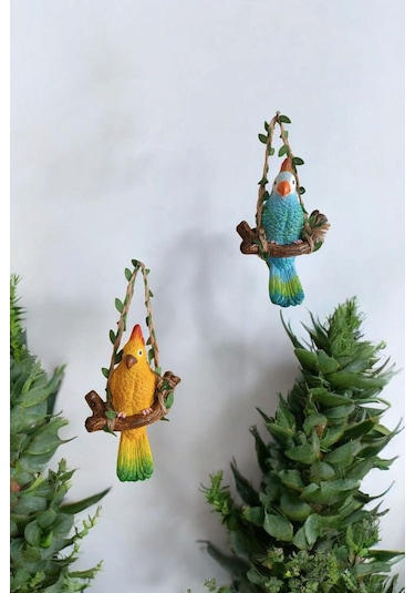 2 Adet Dekoratif Sallanan Duvar Ve Bahçe Süsü Papağan Sarı-mavi