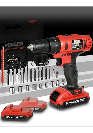 Mager Alman 58 Watt 8 Ah Çift Akülü Li-ıon Bataryalı Delme Vidalama Şarjlı Matkap