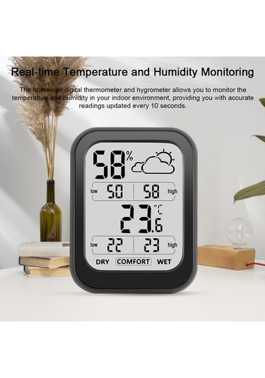 Youtek Siyah Ev İç Sıcaklık Nem Ölçer - 10 Saniye Güncelleme - Büyük Lcd Ekran - Hava Durumu Gösterimi - Dahili Pil