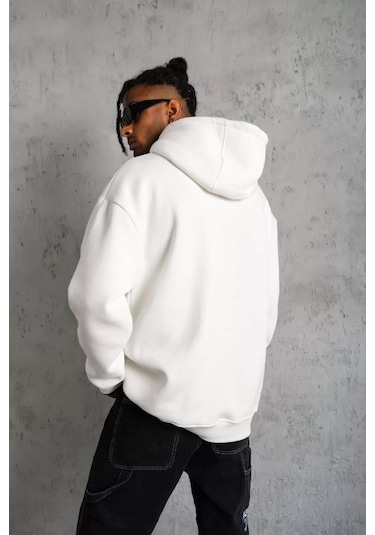 Erkek Düz Kapüşonlu Sweat - Beyaz Beyaz