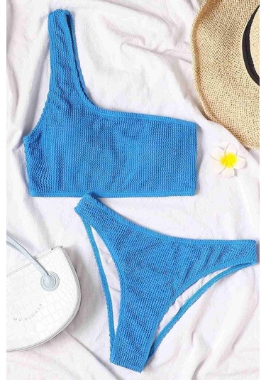 Angelsin Özel Fitilli Kumaş Bikini Takım Mavi 001