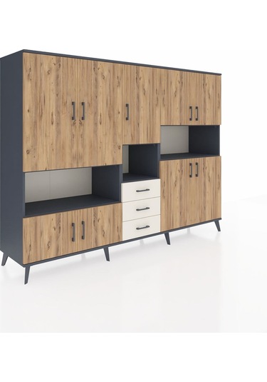 Hyperion Dolap 13 Raflı 3 Çekmeceli 9 Kapaklı 220x44x163 Antrasit Antrasit-çam/aytaşı