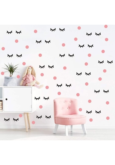 Pembe Polka Siyah Kirpik Çocuk Odası Duvar Sticker