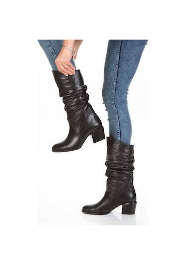 Hakiki Deri Büzgülü Körüklü Kalın Topuk Kadın Çizme Siyah