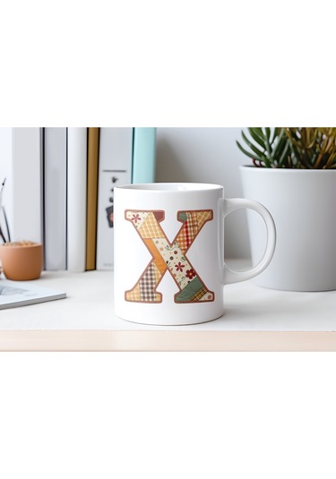 X Harfi Sonbahar Kış Temalı Yamalı Tasarım Kupa Bardak - Etnik Ve Pathwork Severlere Özel Hediye Beyaz
