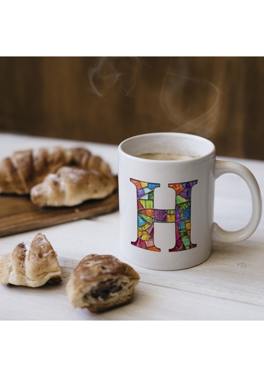 H Harfi Bardak 330 Ml İsme/harfe Özel Hediye, Renkli Harf Tasarım Beyaz