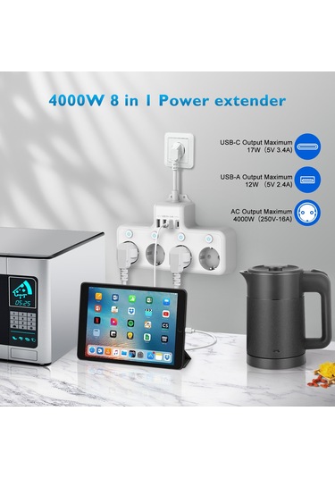 Vkemall 4000w Beyaz Avrupa Standartı 4lü Priz: 3 Usb-a + 1 Usb-c Port, 10cm Kablolu, Duvar Montajlı Çok Fonksiyonlu Soket Diğer