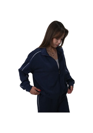 Kadın Modal Kumaş Kontrast Detaylı Rahat Kalıp Lacivert Ceket Hırka Lacivert