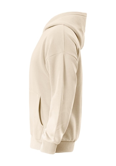 Unisex Theree Love Baskılı Kapüşonlu İçi Yumuşak Polarlı Oversize Sweatshirt - Bej Pembe