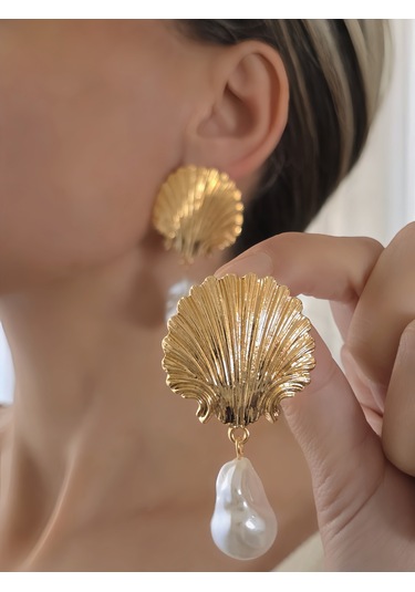 İstiridye Midye İnci Model Sallantılı Vintage Küpe Gold