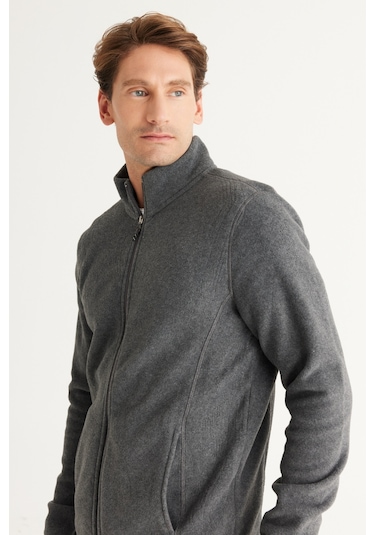 AC&Co / Altınyıldız Classics Standart Fit Fermuarlı Bato Yaka Polar Erkek Ceket Antrasit