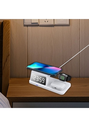 Pazly 5 İn 1 15w Usb Saatli Kablosuz Çok İşlevli Hızlı Şarj Cihazı - Dijital Çalar, Kulaklık Ve Telefon Şarj İstasyonu