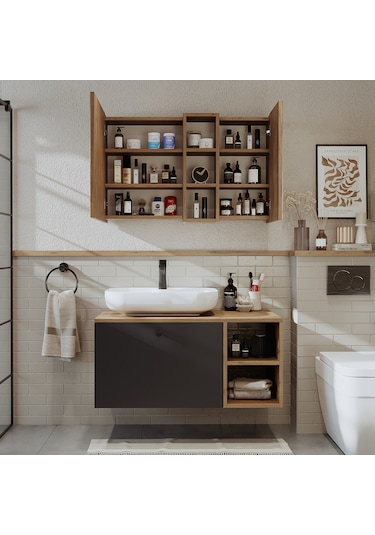 Lavabolu Mdf 95 Cm Lotus Oval Lavabolu Banyo Atlantik Çam - Antrasit