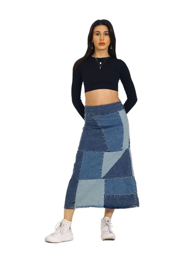 Vexor Mavi Patchwork Desenli Denim Kot Etek