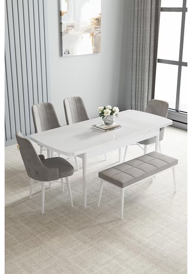 Loft Beyaz 80x132 Açılabilir Mdf Masa Yemek Odası Takımı, Mutfak Takımı 4 Sandalye, 1 Bench Gri