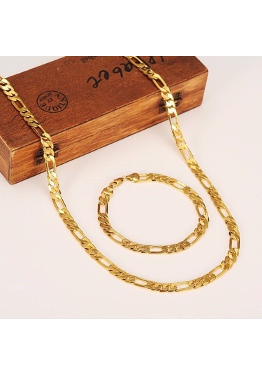 Aregold Altın Kaplama Unisex Bileklik ve Kolye Zincir Seti Altın