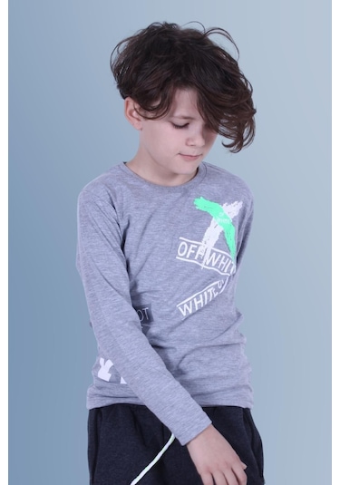 X Baskılı Uzun Kollu Erkek Çocuk Gri Sweatshirt Gri