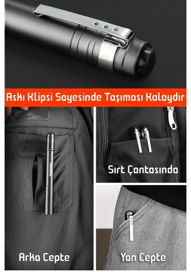 3 Mod Şarjlı Led Kalem Tipi El Feneri Zoomlu Flaşörlü Polis Feneri 5 Watt Beyaz Işık 300 Lümen Siyah