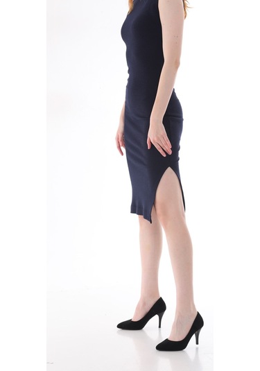 Kallima Lacivert Kolsuz Diz Altı Yırtmaçlı Fitilli Esnek Elbise