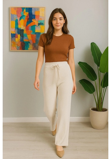 Kadın Yüksek Bel Triko Pantolon Beyaz