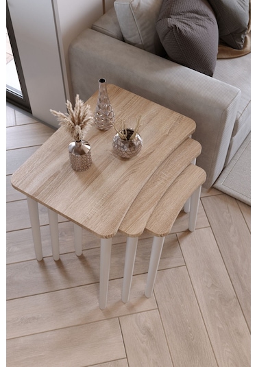 Zuesse Dizayn Beyza 3lü Zigon Sehpa & Yan Sehpa Beyaz Ahşap Ayaklı Salon Seti Çay Sehpası - Sonomo