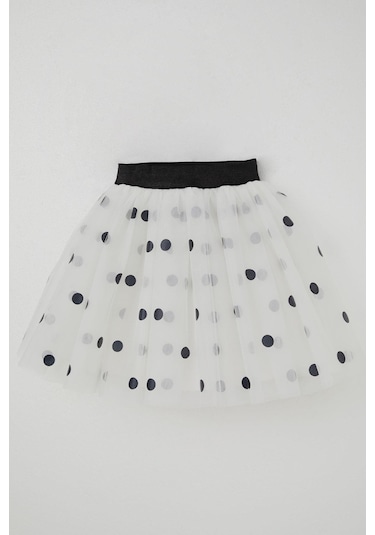 Breeze Kız Çocuk Tütü Etek Puan Desenli Simli Beli Lastikli 5-10 Yaş, Beyaz Beyaz