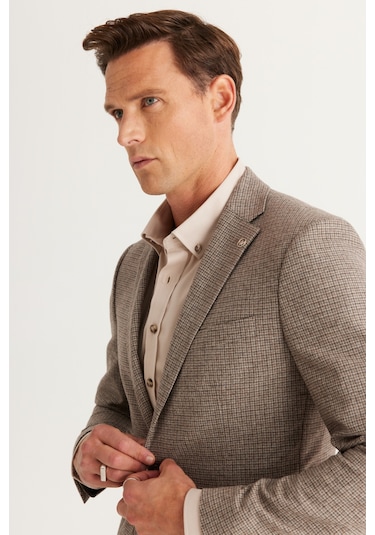 Erkek Kahverengı Slim Fit Dar Kesim Mono Yaka Kareli Yünlü Takım Elbise Kahverengi