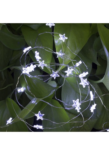 Ximistore9 Bz234 2m Gümüş Bakır Tel Led Işık Zinciri, 20 Adet Beyaz Ampul, Pil Kutuslu, İç/ Dış Mekan, Noel Ağacı, Bahçe Dekorasyonu, Yıldız Şekli