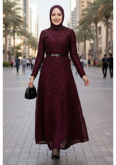 Bestenur Dantel İçi Astarlı Kemerli Elbise 1685 - Bordo Bordo