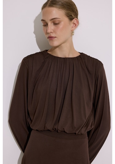 Dökümlü Balon Form Bluz Kahverengi Kahverengi