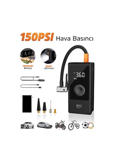 7go 7a3 Hava Pompası & Powerbank 150 Psı Ultra Basınç, Led Işıklı, Lcd Ekranlı, 4000mah Taşınabili