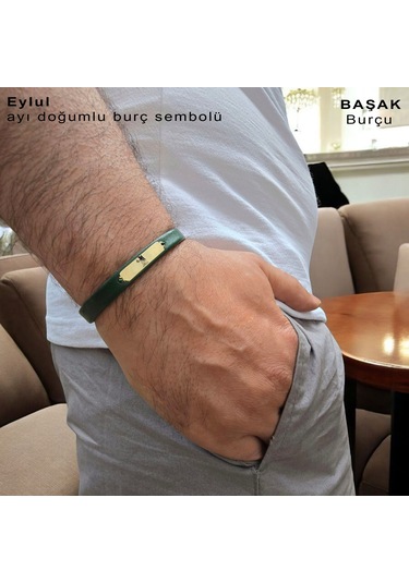Archin Başak Burçlarına 14 Ayar Altın Plakalı Dikdörtgen Motifli Yeşil Derili Hediye Bileklik-371burç Başak
