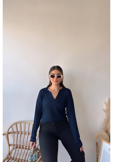 Kadın Laci Polo Yaka Basic Bluz, Uzun Kol, Regular Kesim, Günlük Ve Spor Kaliteli Kumaş Sweatshirt Lacivert