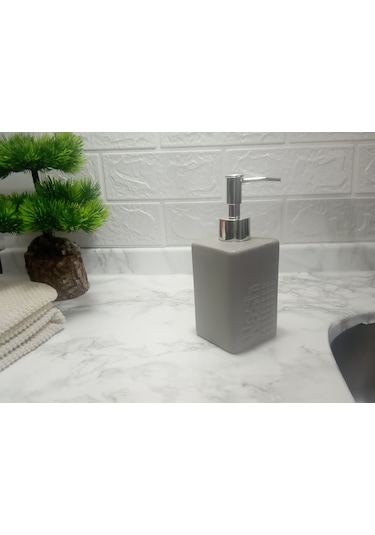 Seramik Sıvı Sabunluk Gri Modern 7x7x17cm 300ml Banyo Seti