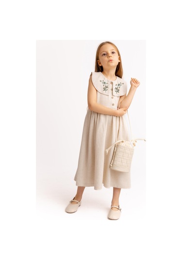 Nakışlı Roba Yaka Keten Kız Çocuk Elbise Naturel Naturel Bej