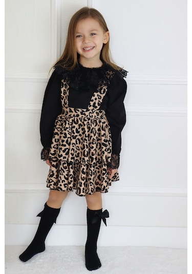 Kız Çocuk Helen Leopar Askılı Kat Kat Bağlama Jile Elbise Dantel Detay  Uzun Kollu Bluz Takım