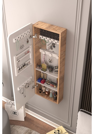 Lune Takı Dolabı Aynalı Çok Amaçlı Hediyelik Takı Dolabı Atlantik Çam Gövde Beyaz Kapak