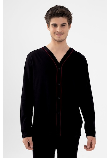 Erkek Pamuklu, Likralı, Düğmeli Ve Cep Detaylı Pijama Takımı Ko6301pj Siyah - Kırmızı